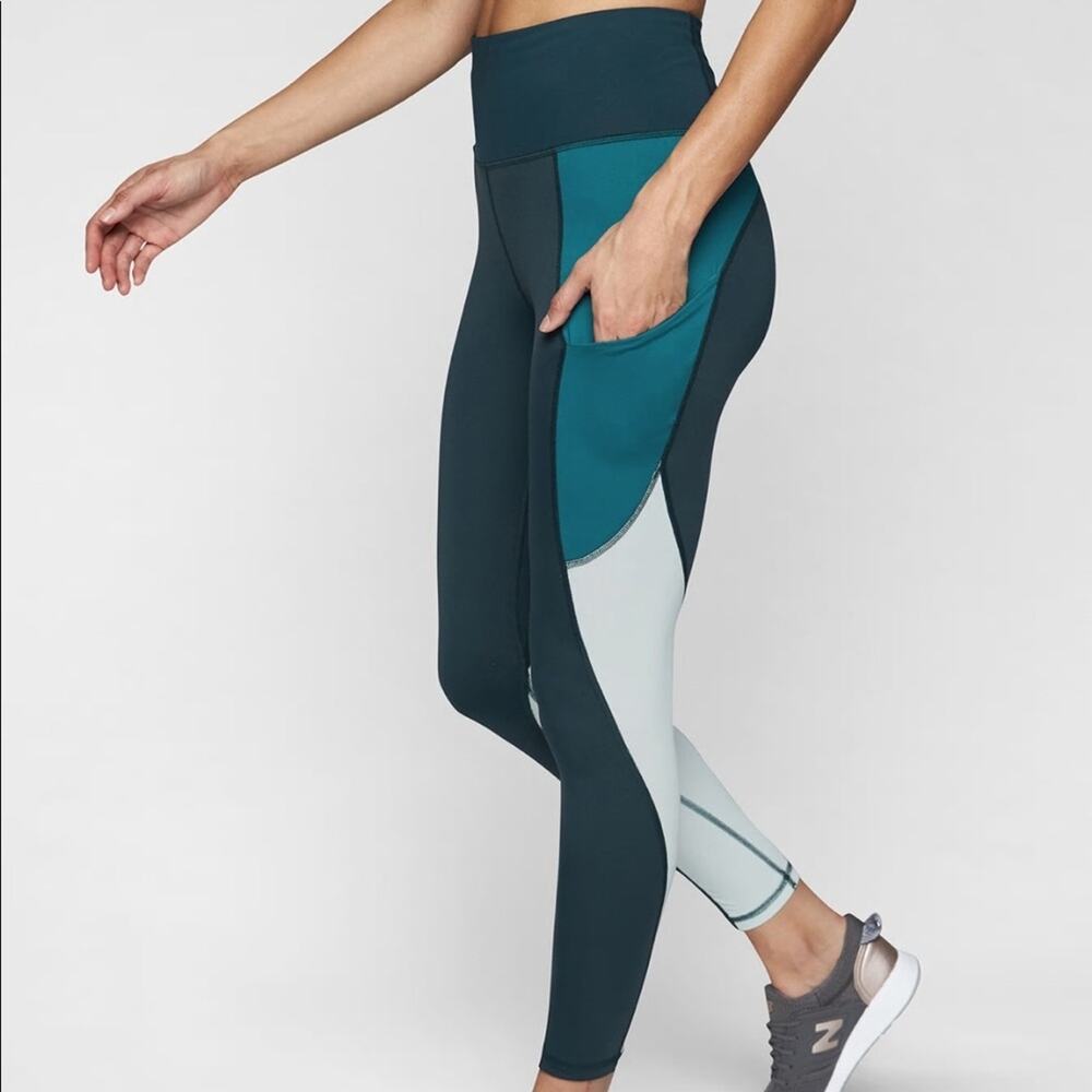 Athleta Up For Anything Teal Blue Colorblock 7/8 Tight Leggings Size XXS